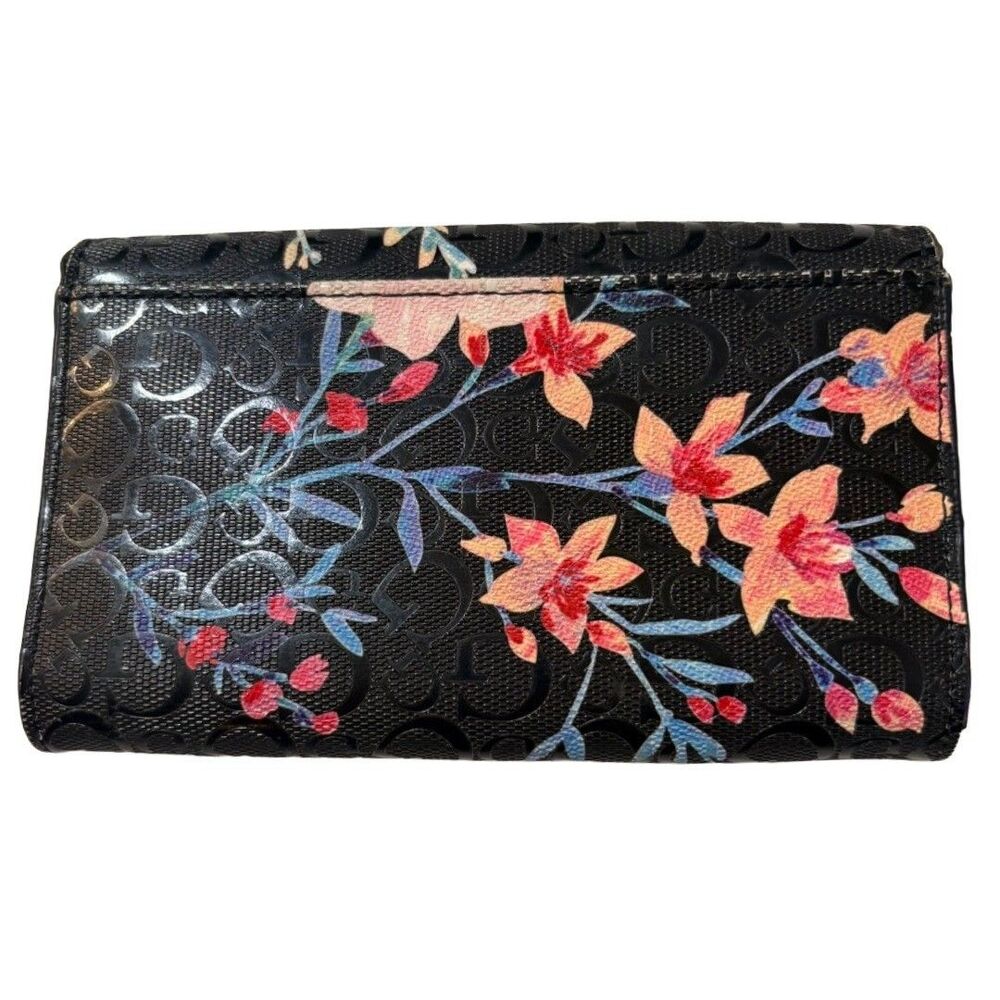 Guess Floral Wallet Black Logo Print Snap Closure Organizer Clutch - Picture 6 of 8